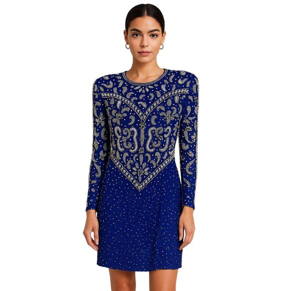 Vintage Silk Cocktail Dress Blue Sequin Beaded Avant Garde - Scala Size Med/Lrg - Picture 1 of 16